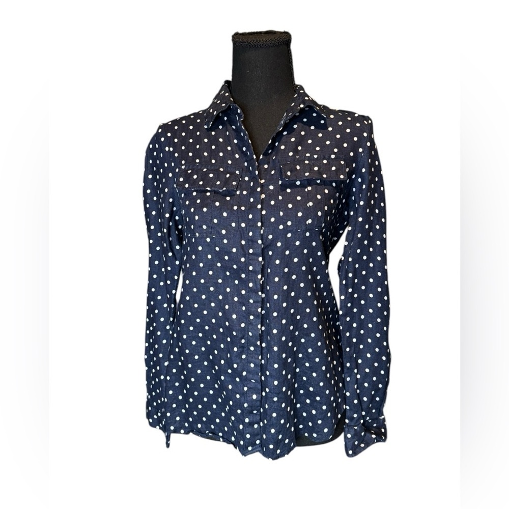 Charter Club XS Polka Dot Linen Button-Down Navy White Lightweight Classic C448